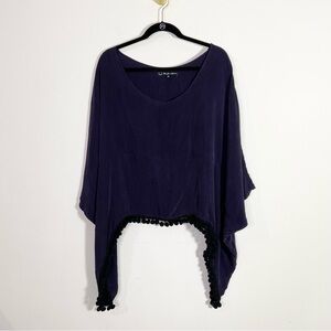 For Love and Lemons Dark Purple Black Pom Pom Trim Scoop Neck Draped Poncho Top